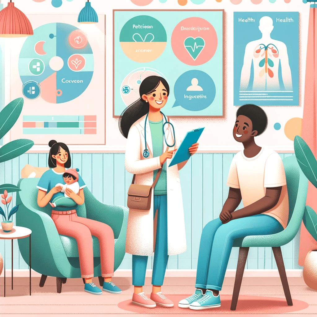 DALL·E 2023-11-09 18.29.13 - Illustrate a whimsical, heartwarming scene in a bright, pastel-colored therapy room. A South Asian female doctor with a stethoscope around her neck is